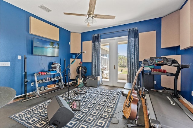 workout room featuring baseboards, french doors, visible vents, and ceiling fan