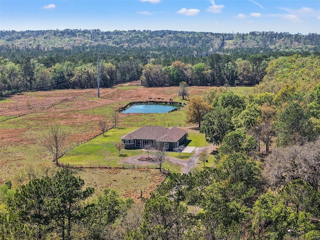 bird's eye view with a forest view, a water view, and a rural view