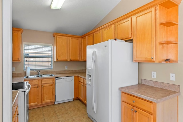 kitchen with open shelves, light countertops, vaulted ceiling, a sink, and white appliances