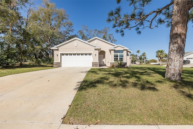 single story home with an attached garage, stone siding, driveway, stucco siding, and a front lawn