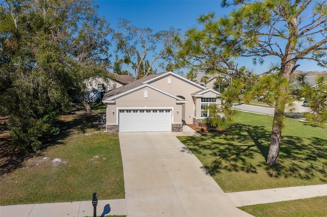 view of front of property featuring a garage, stone siding, concrete driveway, stucco siding, and a front yard