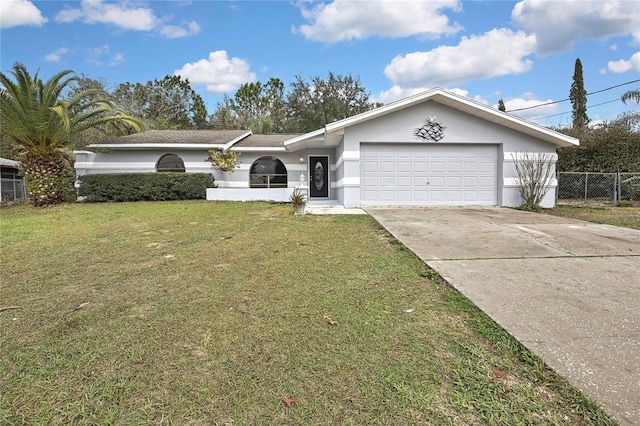 single story home with a garage, fence, concrete driveway, stucco siding, and a front lawn