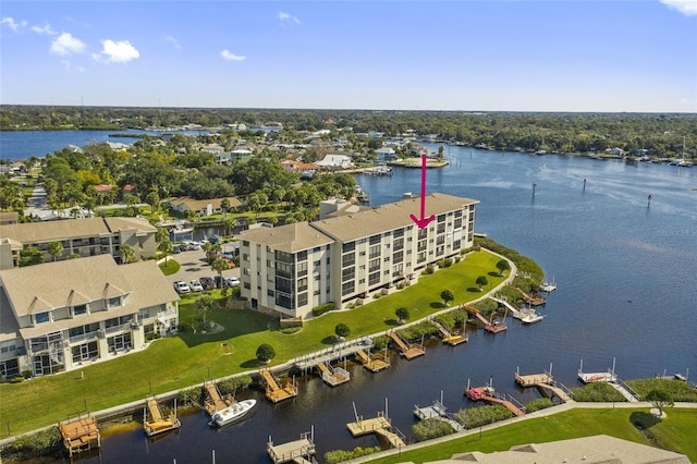 bird's eye view with a water view