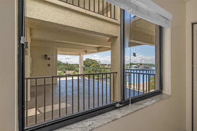 interior space with a water view