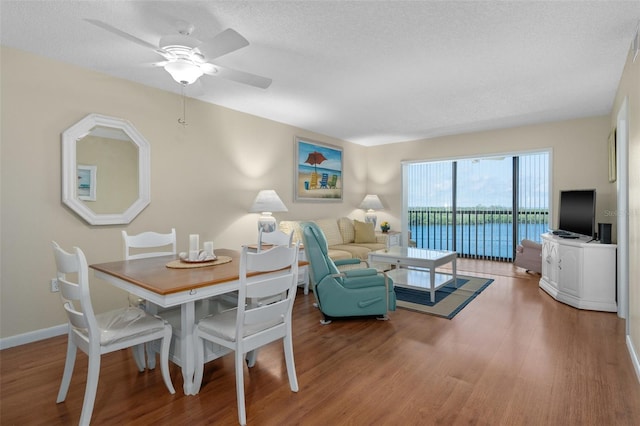 interior space featuring a ceiling fan, a textured ceiling, baseboards, and wood finished floors