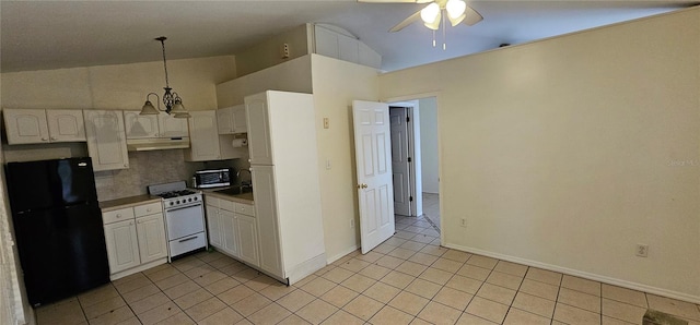 kitchen with under cabinet range hood, white appliances, white cabinetry, backsplash, and decorative light fixtures