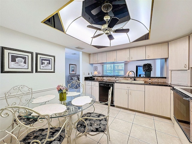 kitchen with light tile patterned floors, black dishwasher, visible vents, electric stove, and a sink