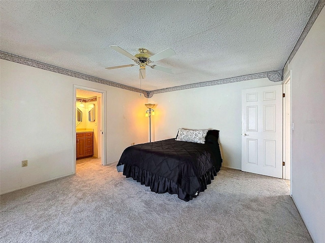 bedroom featuring a ceiling fan, carpet, ornamental molding, and a textured ceiling