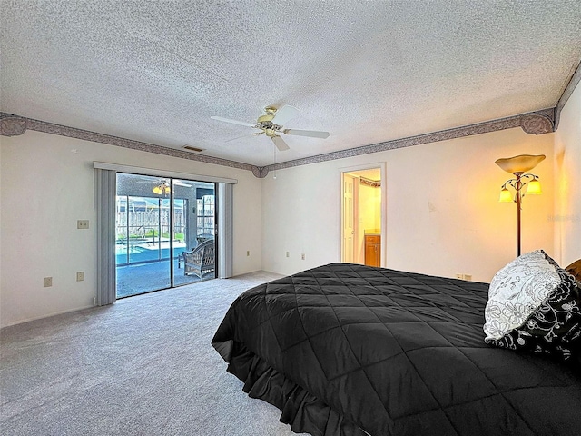 bedroom featuring visible vents, access to exterior, crown molding, a textured ceiling, and carpet flooring