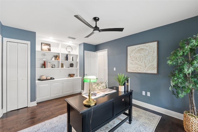 home office with built in shelves, visible vents, baseboards, ceiling fan, and dark wood-type flooring