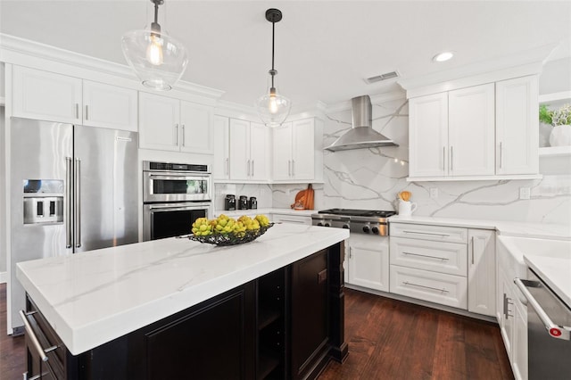 kitchen featuring visible vents, open shelves, stainless steel appliances, white cabinets, and wall chimney range hood