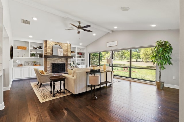 living room featuring visible vents, vaulted ceiling with beams, baseboards, a fireplace, and dark wood-style floors