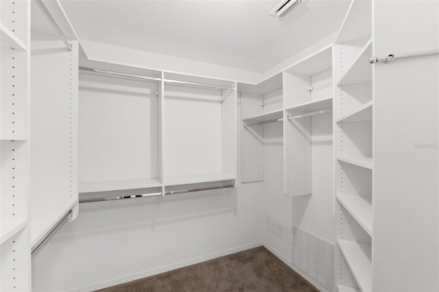 spacious closet with visible vents and dark colored carpet