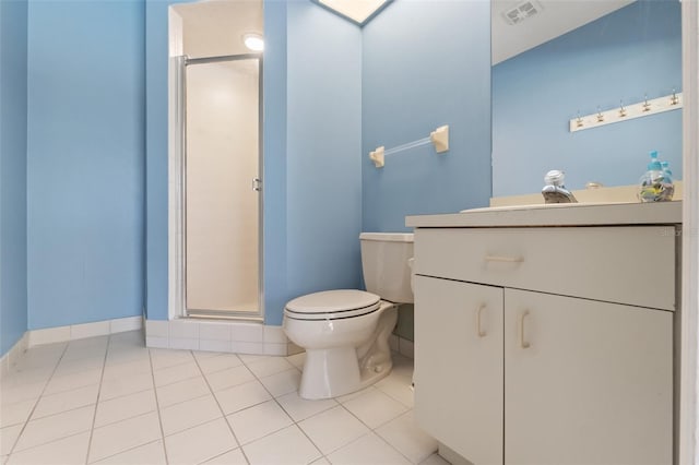 bathroom featuring vanity, visible vents, tile patterned flooring, a shower stall, and toilet