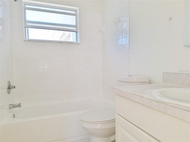 full bathroom with toilet, tub / shower combination, and vanity