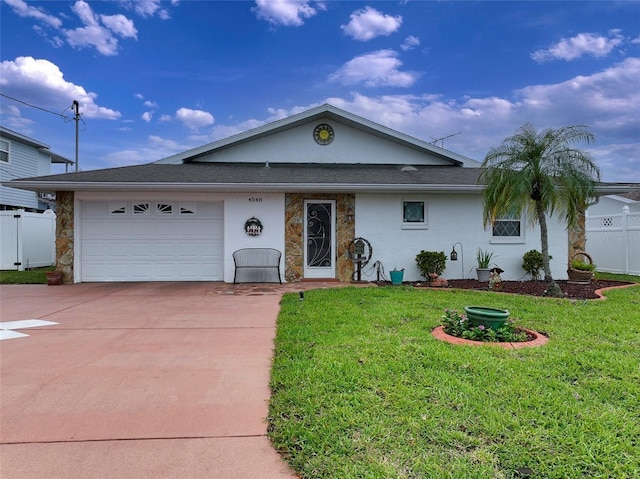 ranch-style house with a garage, driveway, fence, a front yard, and stucco siding