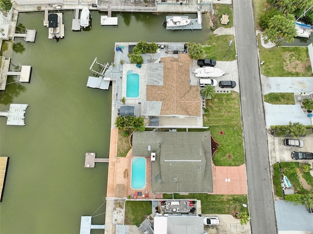 aerial view featuring a water view