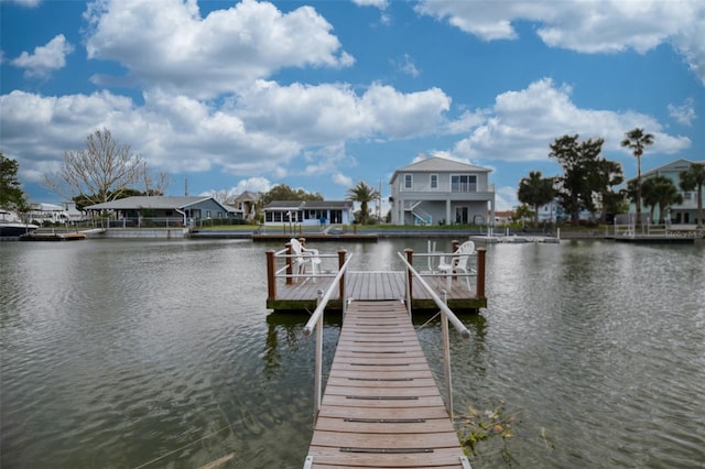 dock area featuring a water view and a residential view