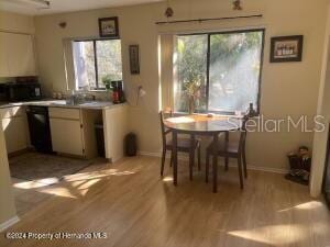 kitchen featuring light wood-style floors, light countertops, a healthy amount of sunlight, and black appliances