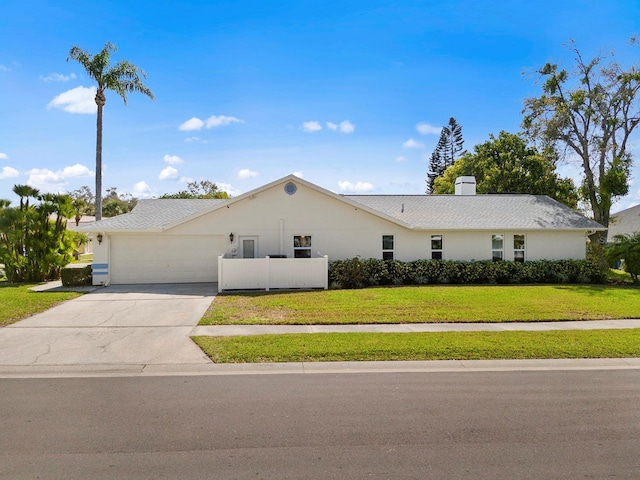 single story home with a garage, driveway, a front lawn, and stucco siding