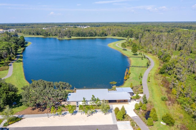 birds eye view of property featuring a water view and a forest view