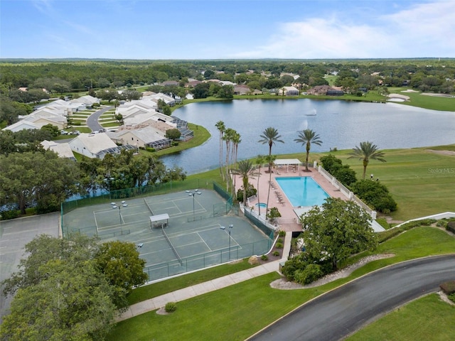 drone / aerial view with a water view