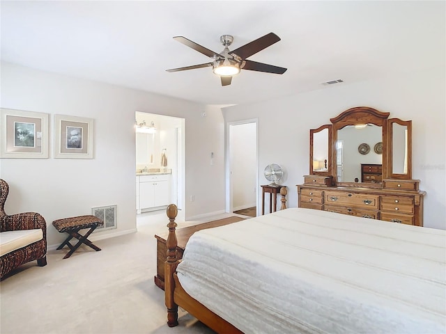 bedroom featuring carpet floors, visible vents, baseboards, and a ceiling fan