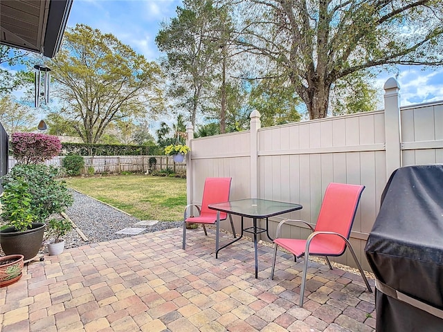 view of patio / terrace featuring a fenced backyard and a grill