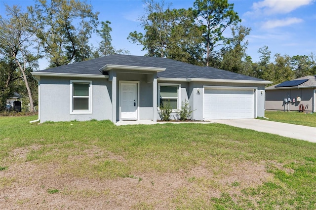 ranch-style house featuring a garage, a front yard, driveway, and stucco siding