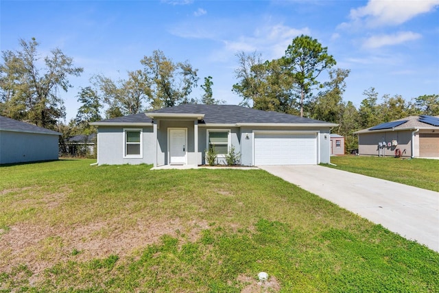 ranch-style home with concrete driveway, stucco siding, an attached garage, and a front yard