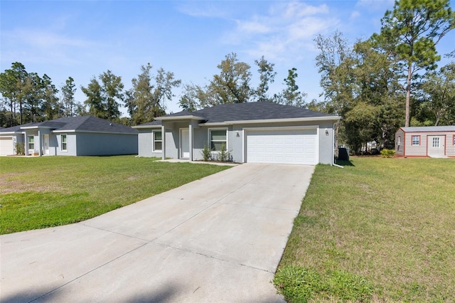 view of front of home with a front yard, driveway, an attached garage, and stucco siding