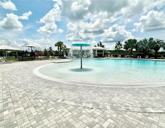 view of pool featuring fence