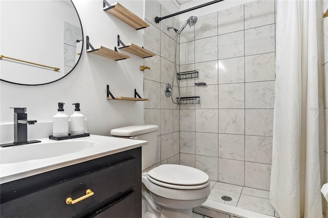 full bath with toilet, a shower stall, and vanity