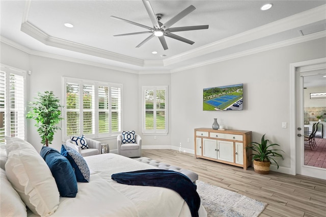 3130 Forsythia Dr, Odessa, FL 33556 - bedroom featuring a raised ceiling, ornamental molding, baseboards, light wood finished floors, and recessed lighting