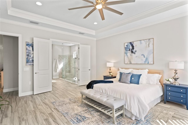 3130 Forsythia Dr, Odessa, FL 33556 - bedroom with a tray ceiling, light wood finished floors, crown molding, recessed lighting, and baseboards