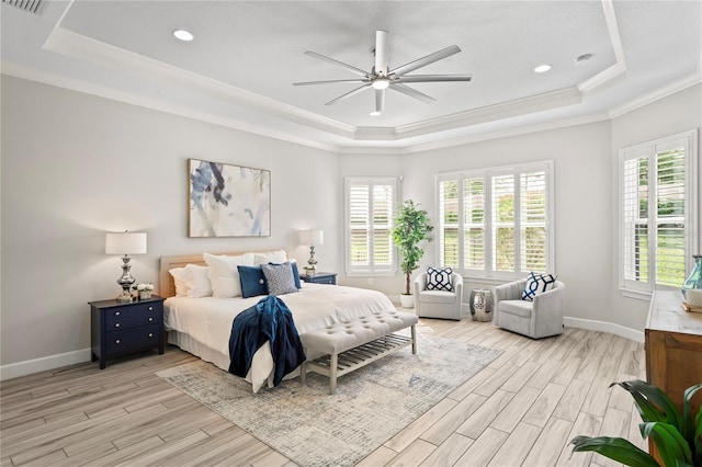 3130 Forsythia Dr, Odessa, FL 33556 - bedroom featuring a tray ceiling, light wood-type flooring, baseboards, ornamental molding, and recessed lighting