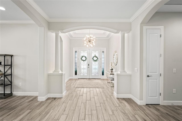 3130 Forsythia Dr, Odessa, FL 33556 - entryway with wood finished floors, decorative columns, baseboards, ornamental molding, and a chandelier