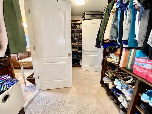 spacious closet featuring light carpet