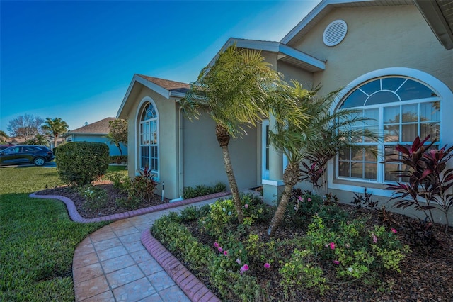 view of side of property with a yard and stucco siding