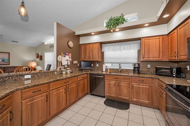 kitchen with dishwashing machine, vaulted ceiling, brown cabinetry, and a sink