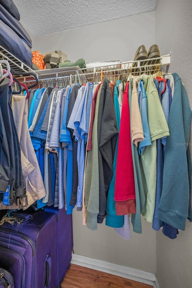 walk in closet with wood finished floors