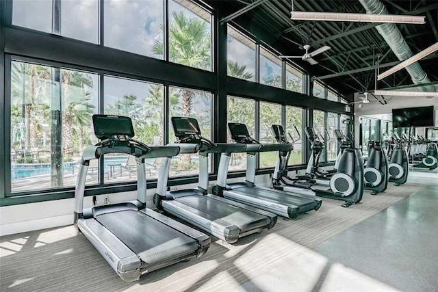 exercise room featuring a towering ceiling, expansive windows, and a wealth of natural light