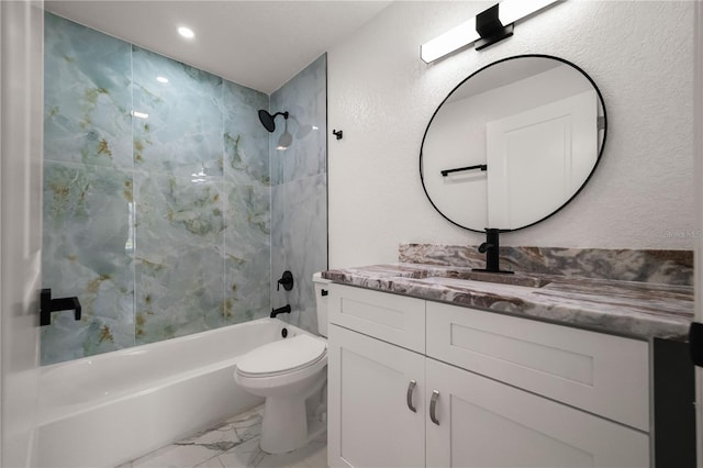 full bathroom featuring marble finish floor, a textured wall, toilet, vanity, and  shower combination