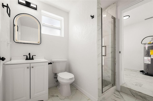 bathroom with toilet, marble finish floor, water heater, and a marble finish shower