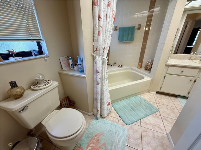 full bath with tile patterned flooring, toilet, vanity, baseboards, and shower / bath combination with curtain