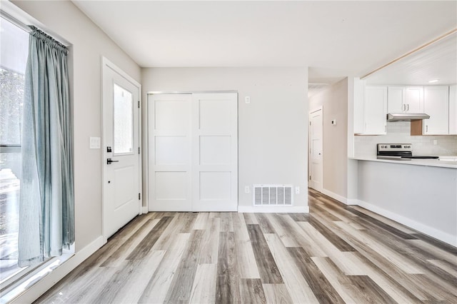 interior space featuring light wood-style floors, a wealth of natural light, visible vents, and baseboards