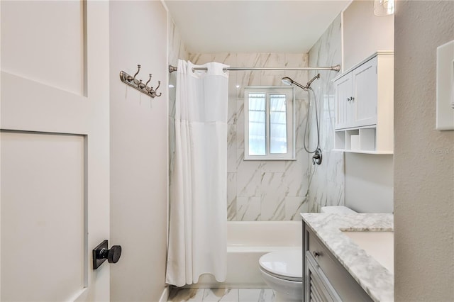 full bathroom with shower / bath combination with curtain, marble finish floor, vanity, and toilet