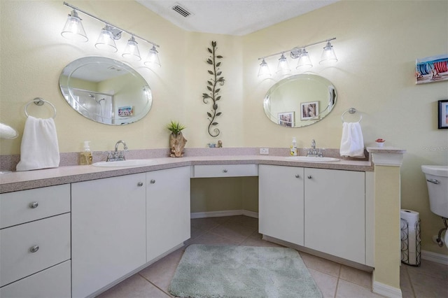 bathroom with toilet, tile patterned flooring, visible vents, and vanity