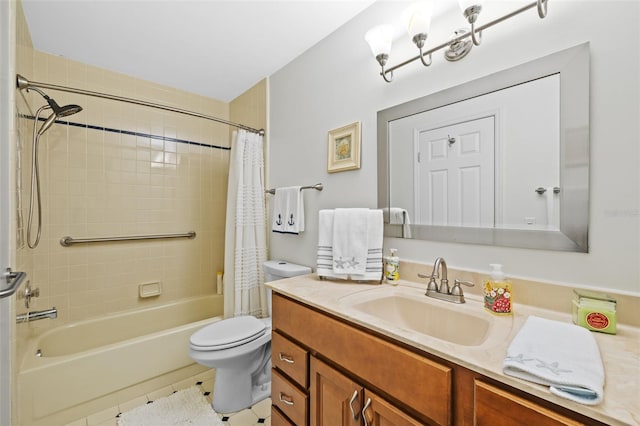 bathroom with toilet, tile patterned floors, shower / bath combination with curtain, and vanity