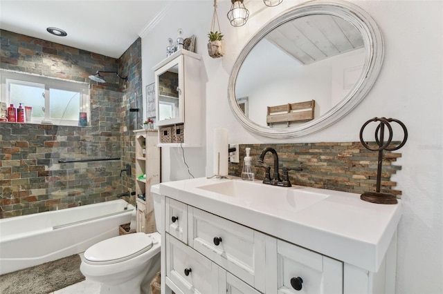 bathroom with decorative backsplash, tub / shower combination, vanity, and toilet